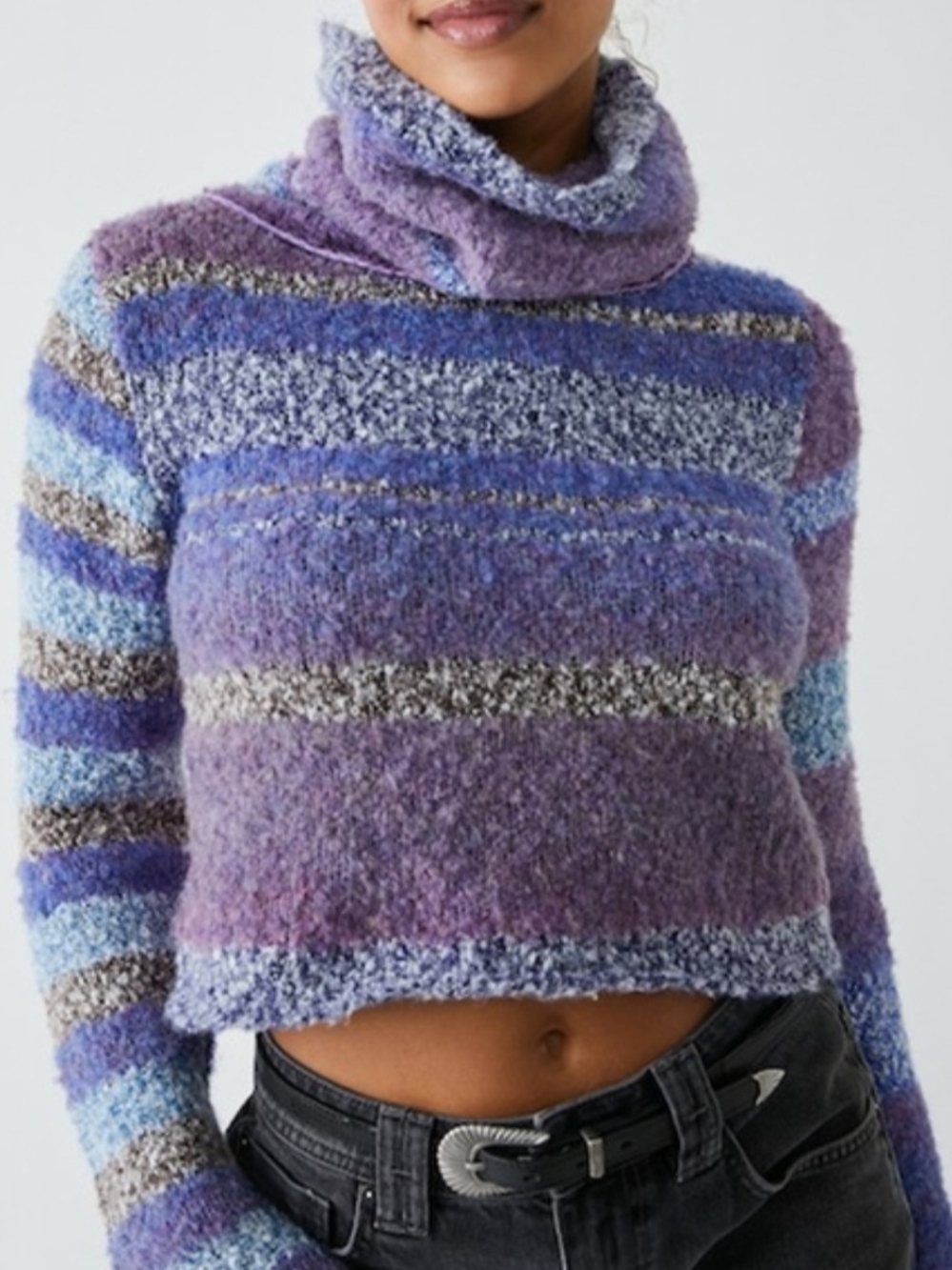 Free People Striped Cowl Neck Fuzzy Knit Sweater Size Medium Multi Blue Purple